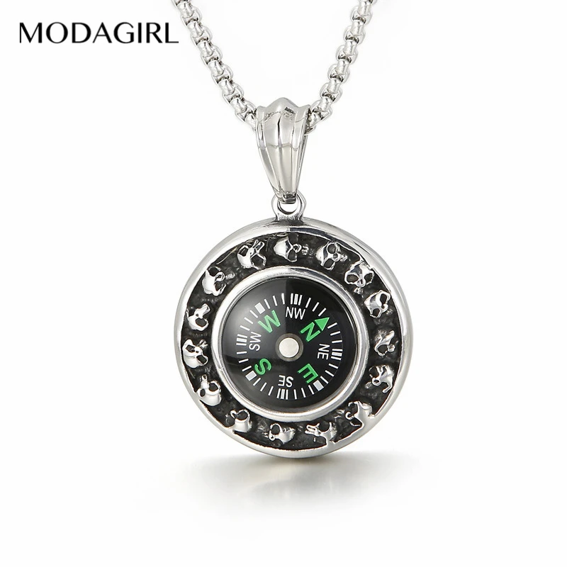 

MODAGIRL Working Steampunk Compass Skull Round Pendant Necklace Stainless Steel Jewelry Accesorios Hombre