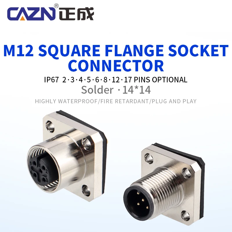 Robust M12 Square Flange Solder Socket Male Female 2 3 4 5 6 8 12 17 Pin A/B/D 4-Hole Panel Mount IP67 for Industrial Automation