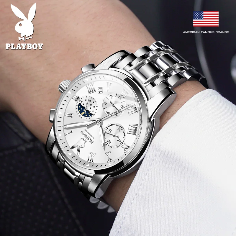 PLAYBOY High Quality Original Waterproof Stainless Steel Watch Men Chronograph Fashion Quartz Men Watch Casual Men\'s Wrist Watch