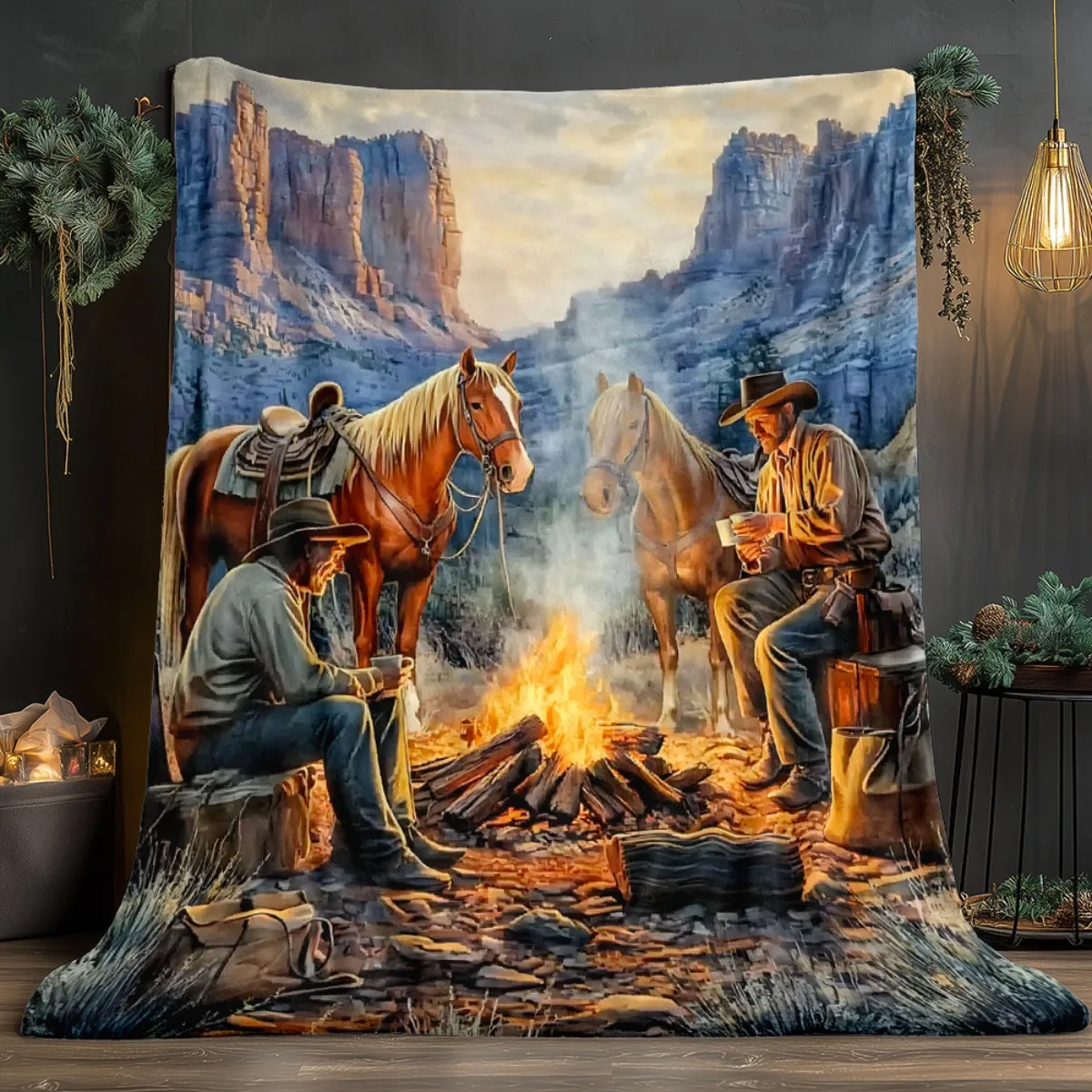High Quality Western Cowboy Theme Throw Blanket Polyester Fleece Rug for Home Decor Living Room Rustic Canyon Camping Picnic
