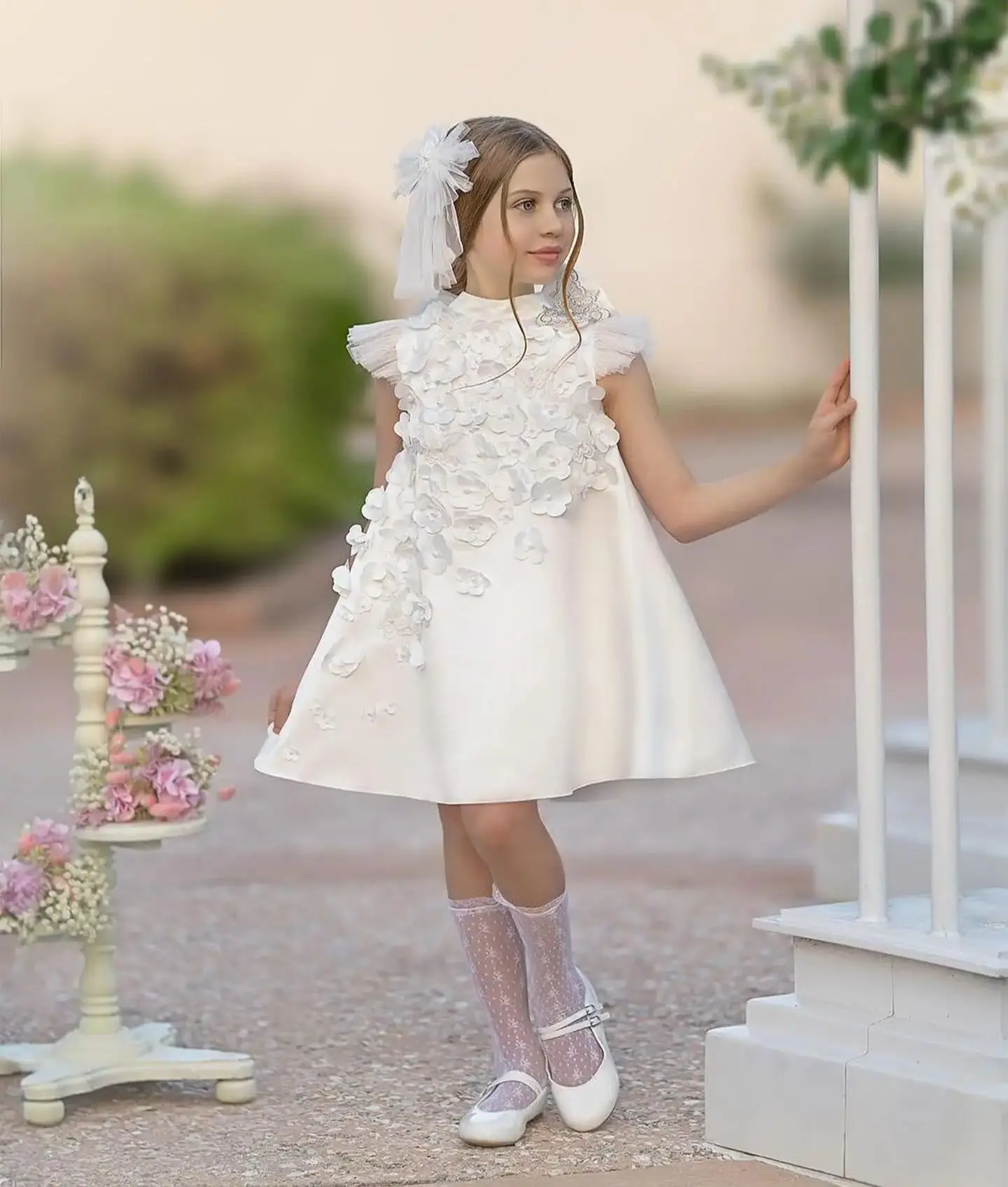 White Applique Flower Girl Dress For Wedding Bow Knee Length Princess Birthday Party First Communion Dress Ball Gowns 2024