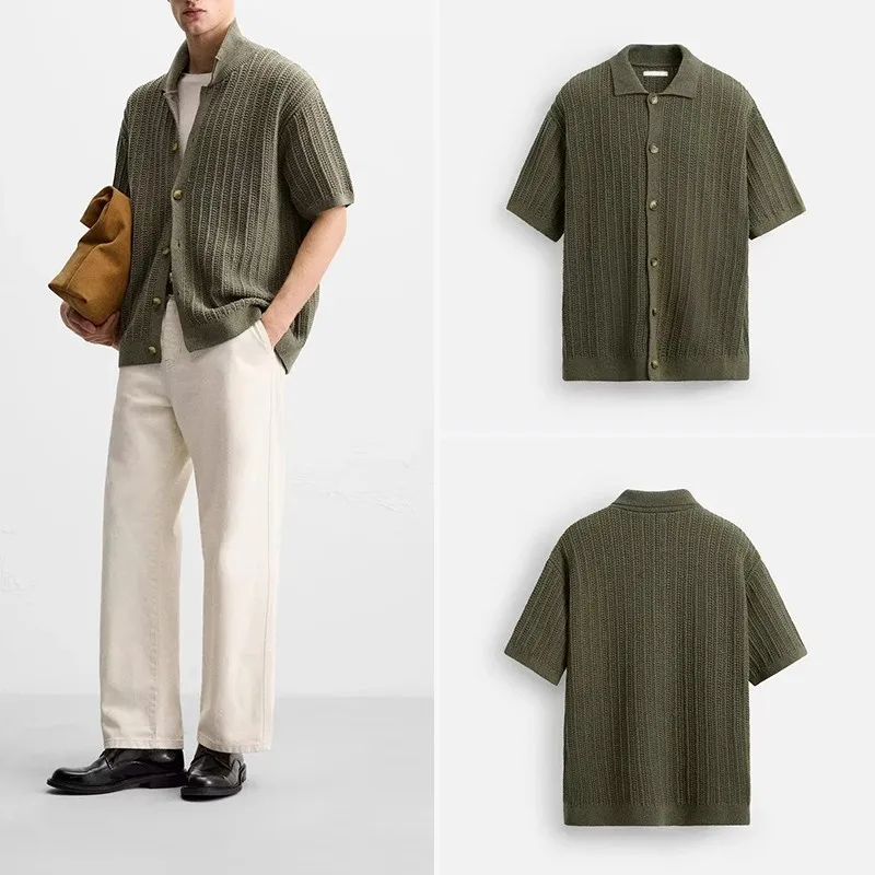 

Spring 2025 Men's Knitted Texture ort Sve irt Stand Collar Stand Fit Regular Thin Long Sve Z Brand