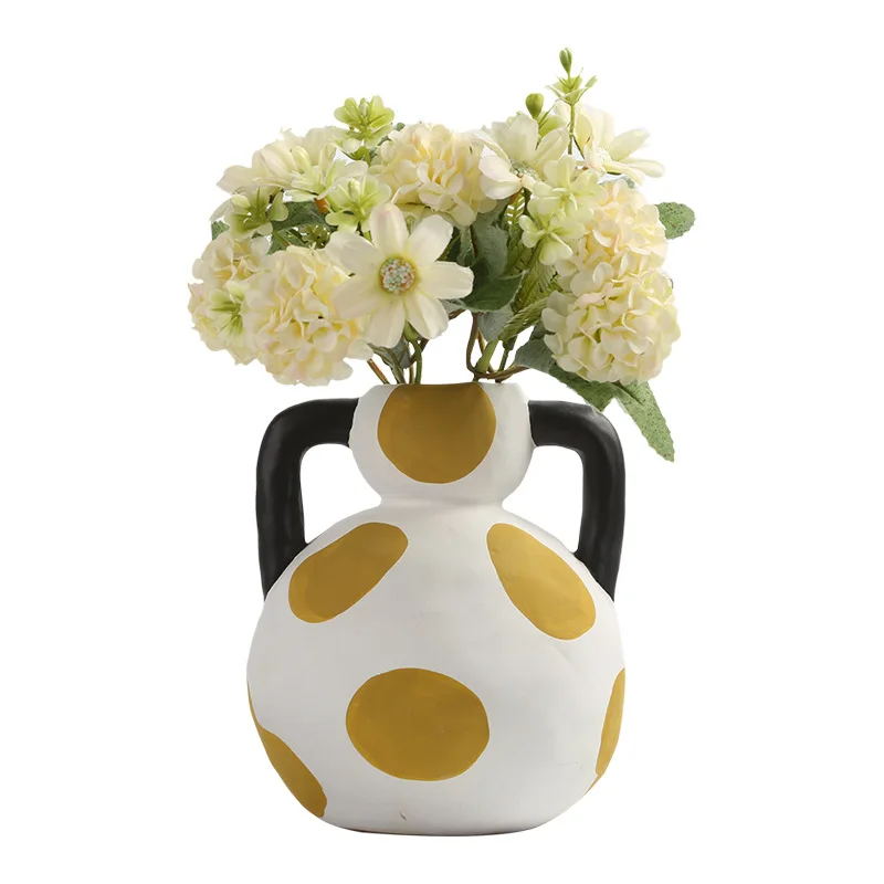 Lovely Painted Ceramic Vase Handle Flower Pots Desk Decoration Flowers Arrangement Porcelain Floral Vases Modern Home Decor