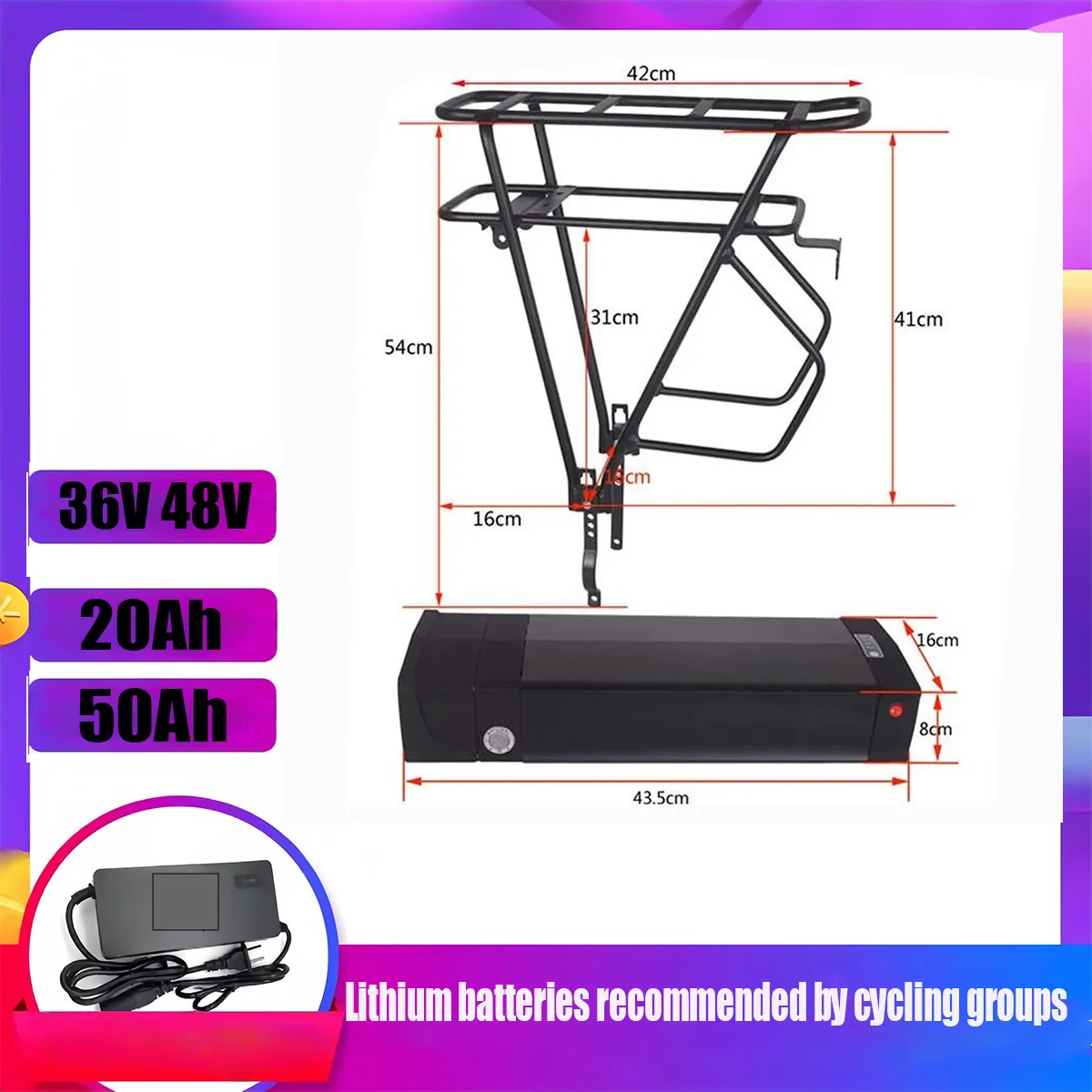 52V 48V 36V Original High Quality 20AH 40AH 50AH Rear Rack Batteria Pack For 2000W 1500W 1000W 750W 500W 350W Motor +Charger