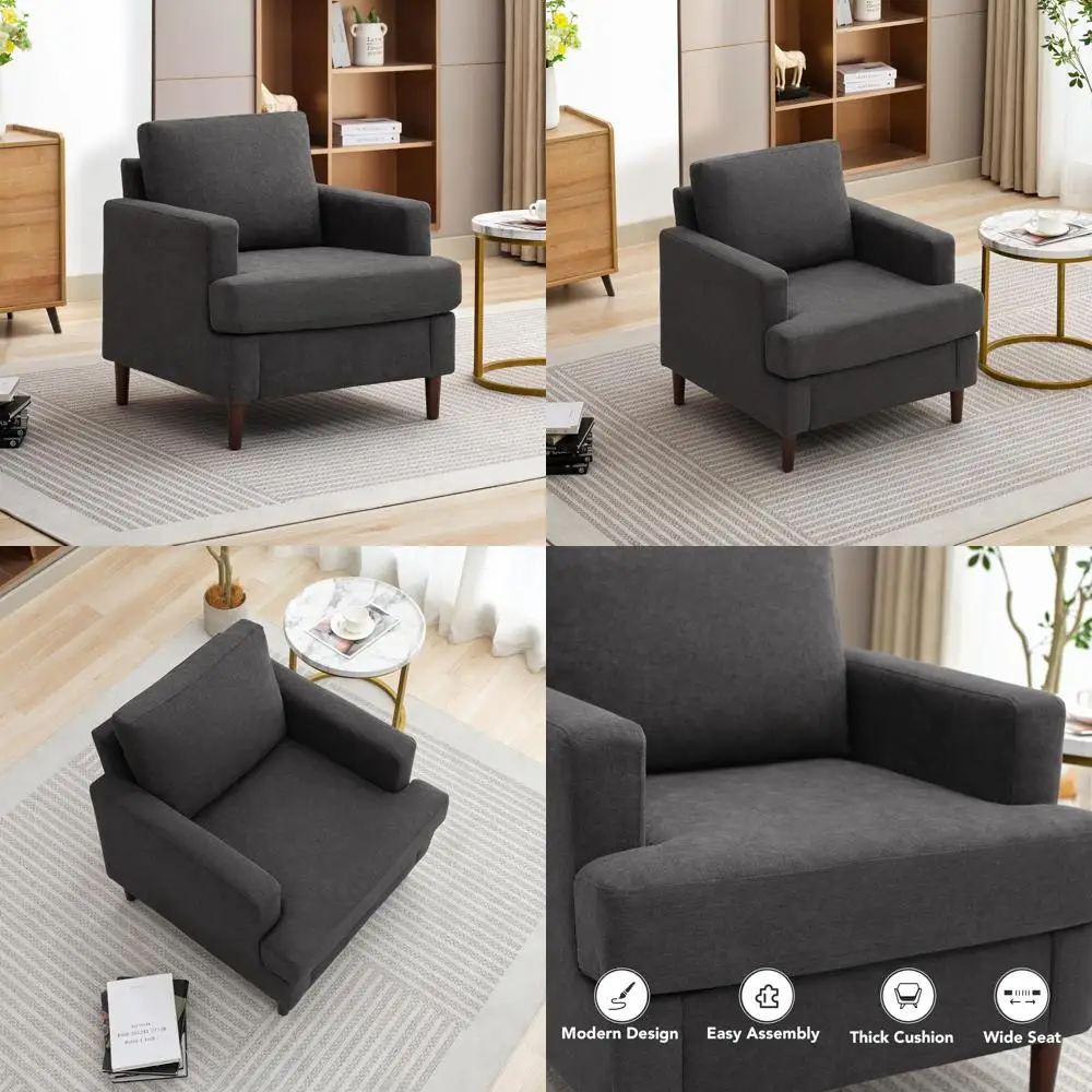 

Mid-Century Modern Linen Armchair for Living Room and Bedroom, Comfortable Upholstered Reading Chair
