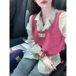 French Retro Small Fragrance Style Dragon Fruit Color Knitted Vest Vest Vest for Early Autumn New Style Layered Top with Shirt