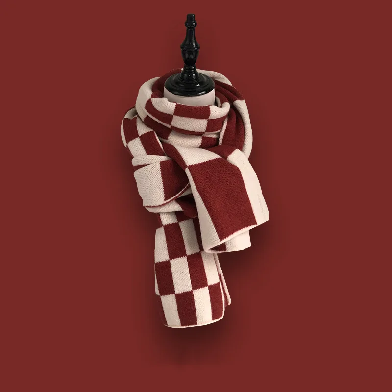 Autumn and Winter Women\'s Chessboard Checkered Woolen Warm Scarf Thickened Knitted Shawl Fashion Outdoor Scarf Luxury Brand H178