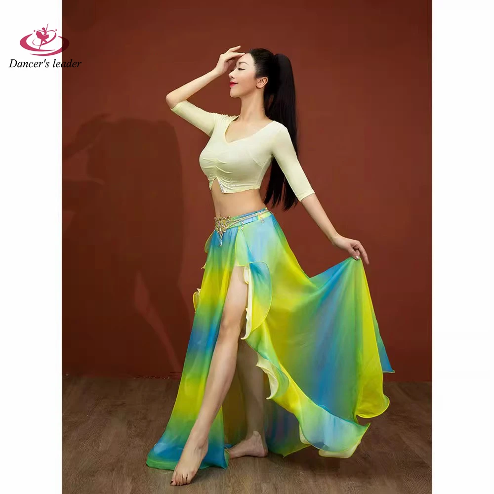 Belly Dance Competition Practice Clothing Long Sleeved U-neck Gradient Large Skirt Hem Performance American Style Dress