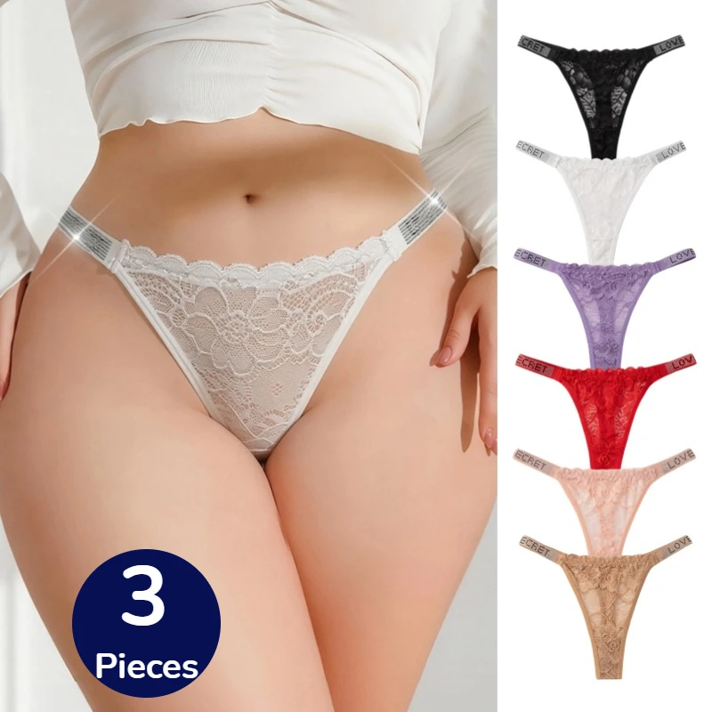 BZEL 3er-Set Spitzen-Damenunterwäsche, modische Höschen mit Schriftzug, glänzende Damen-Tangas, sexy Dessous, ausgehöhlte G-Strings, bequeme T-Backs, heißer Verkauf