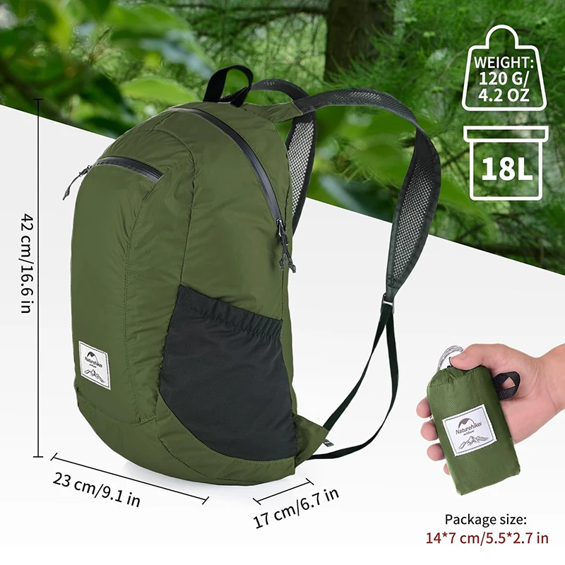 Zaino da campeggio Naturehike Capacità 18 litri Borsa a tracolla impermeabile pieghevole portatile Uomo Donna Zaino da escursionismo da viaggio