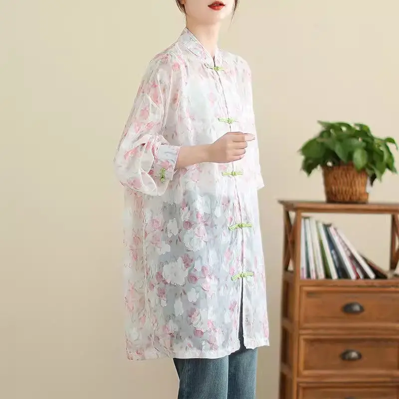 2024 giacca camicia con stampa retrò in stile cinese manica lunga abbottonata protezione solare di media lunghezza Top abbigliamento donna popolare K781