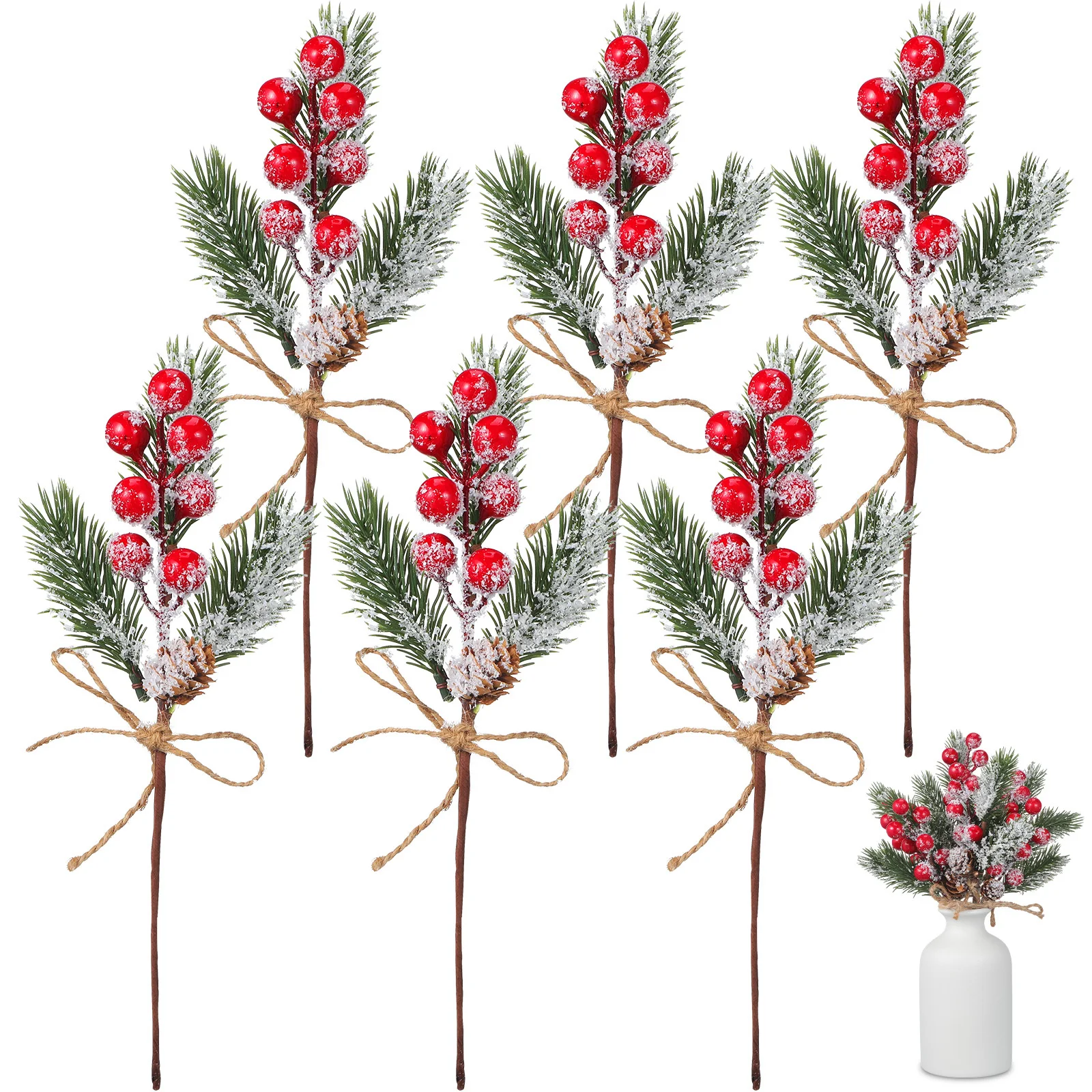 

6pcs Simulation Berry Stem Fake Pine Picks For Christmas Tree Decor Artificial Branches Floral Stems Xmas Wreaths Craft Party