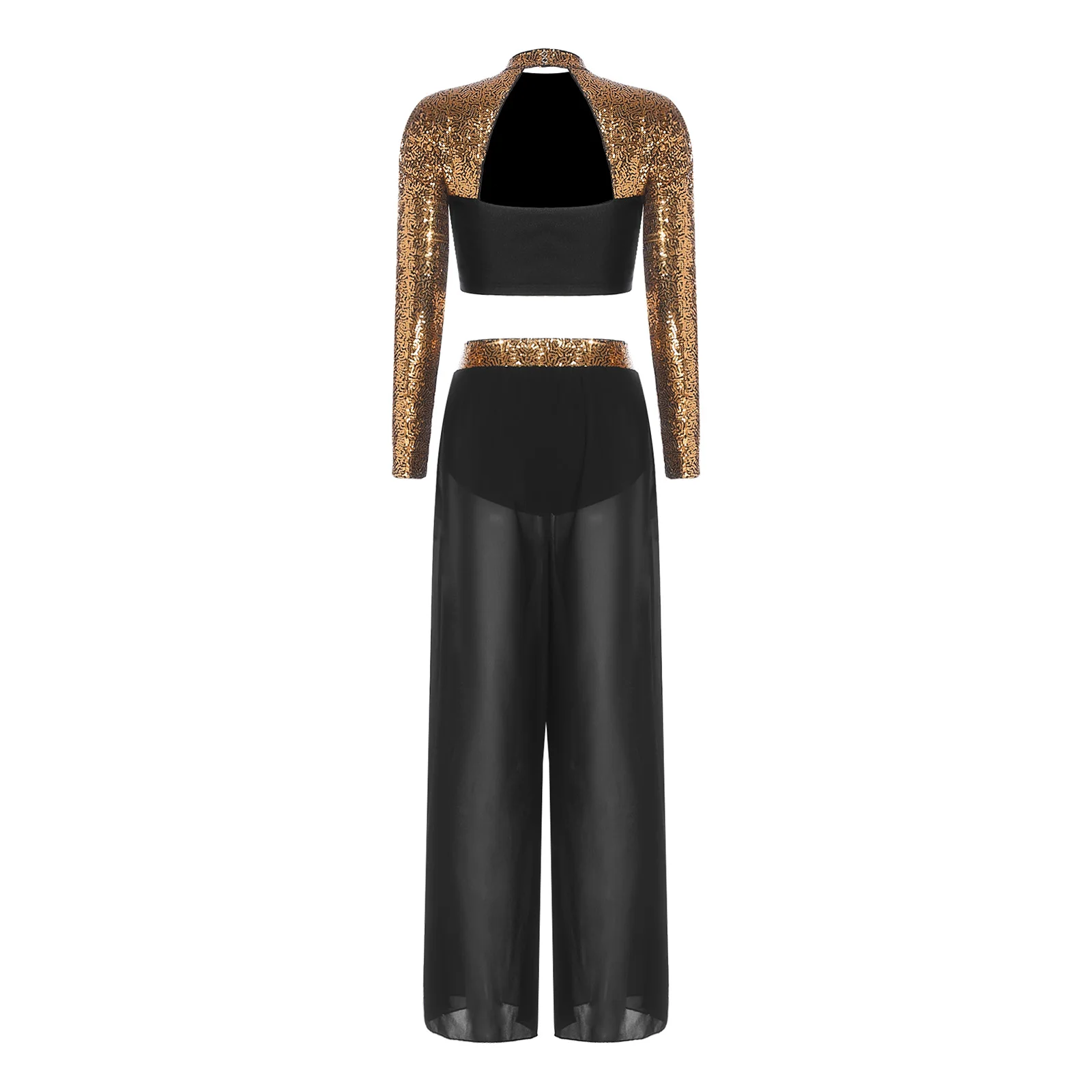 Lyrisches Tanz-Outfit für Damen mit Pailletten, Stehkragen, lange Ärmel, Ausschnitt hinten, Strasssteine, bauchfreies Top mit seitlichem Schlitz, transparente Chiffon-Hose