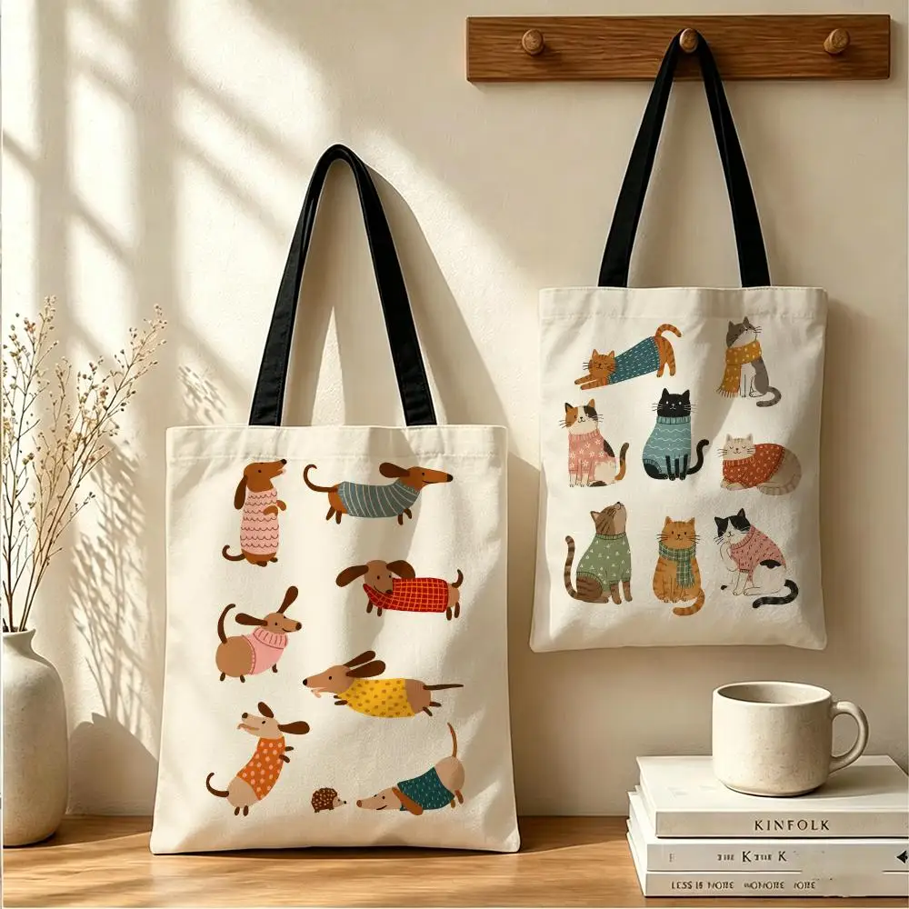 Cute Animal Pattern Storage Bags Large Capacity Canvas Tote Bag Double-Sided Print Shoulder Handbag for Daily Shopping