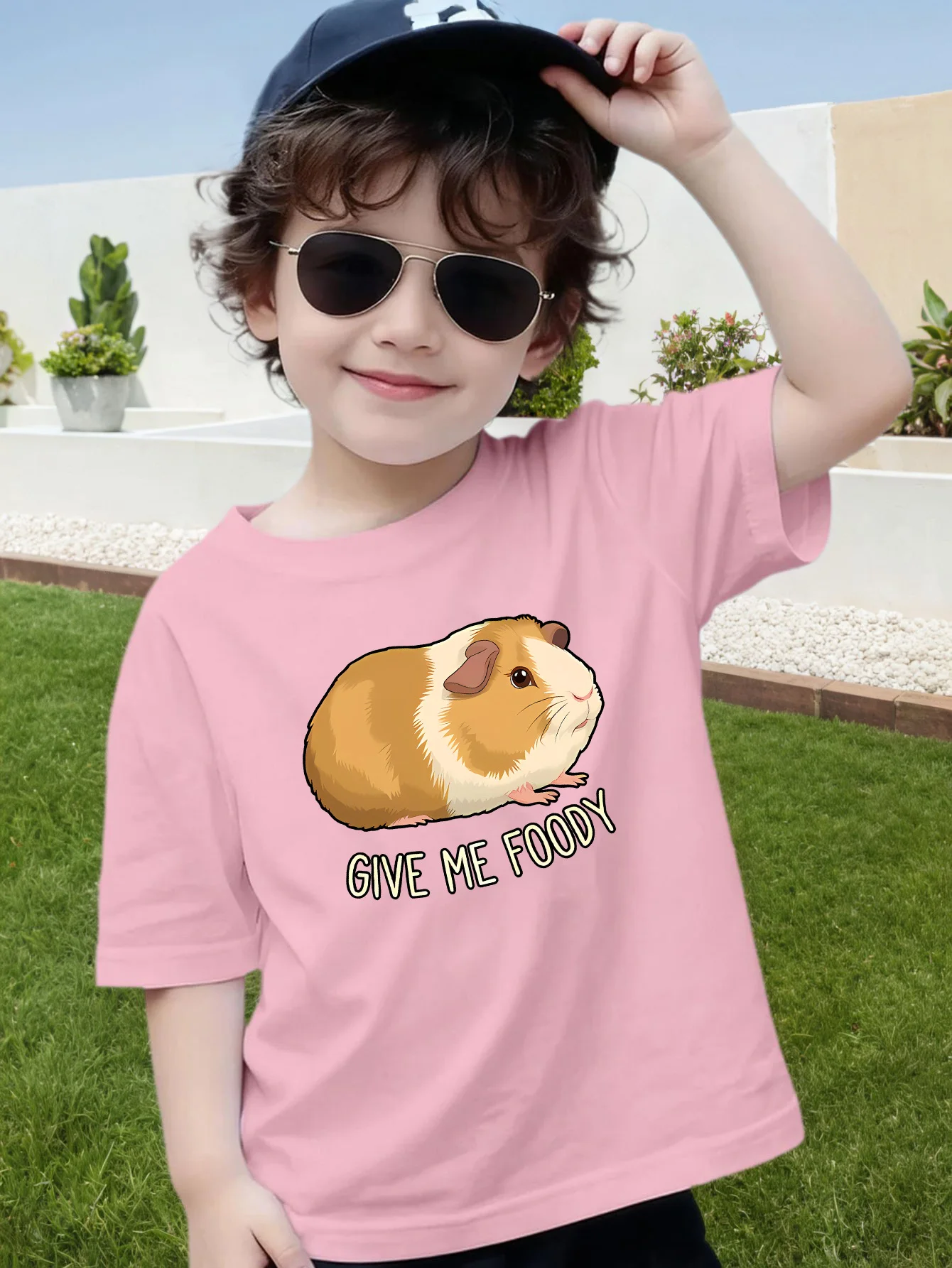 Cute Guinea Pig Give Me Foody Slogan Kids T Shirt Boys Girls Short Sleeve Crew Neck Cotton Parent Matching Tops Toddler Youth