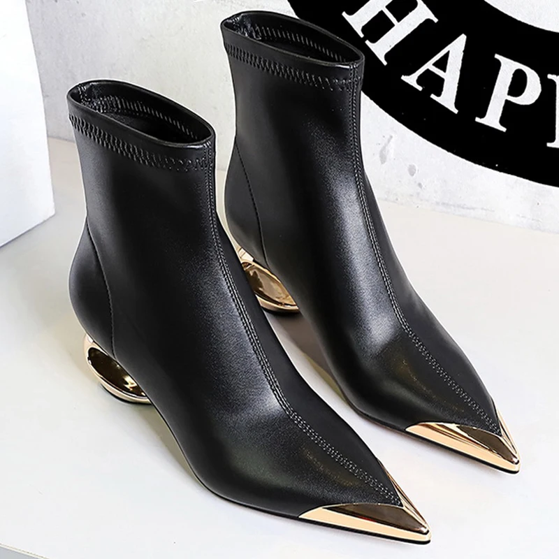 

BIGTREE Shoes Metal pointed tip leather boots Fashion Women Boots Hollow out Heels Women Ankle boots Female Mid heel Shoes 2025
