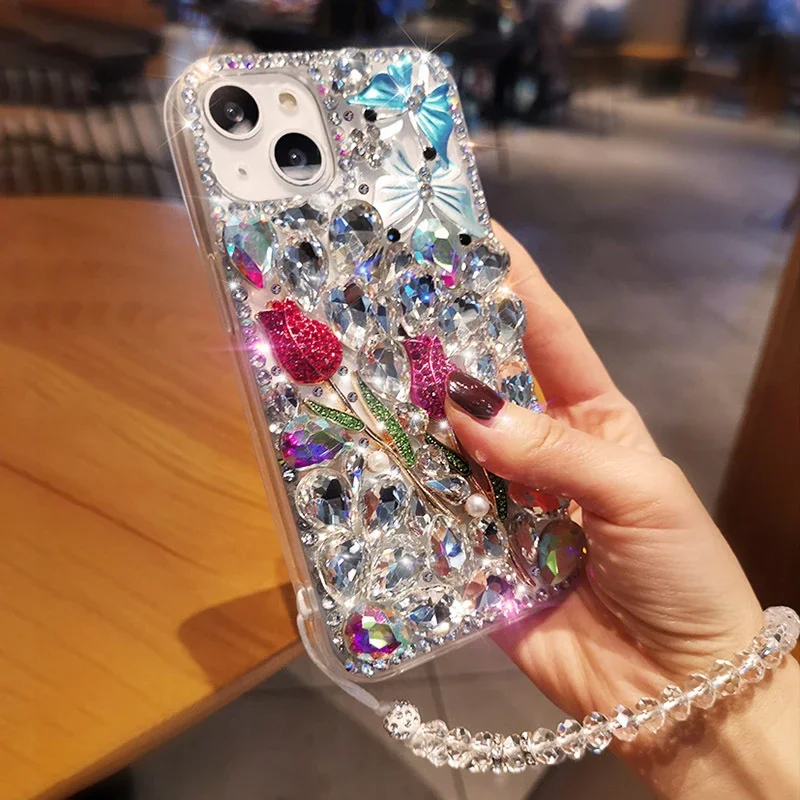 Luxury Sparkle Diamond Crystal Rhinestone Rose Flower Butterfly Case with Strap for Iphone 15 14 13 12 11 Pro MAX XR