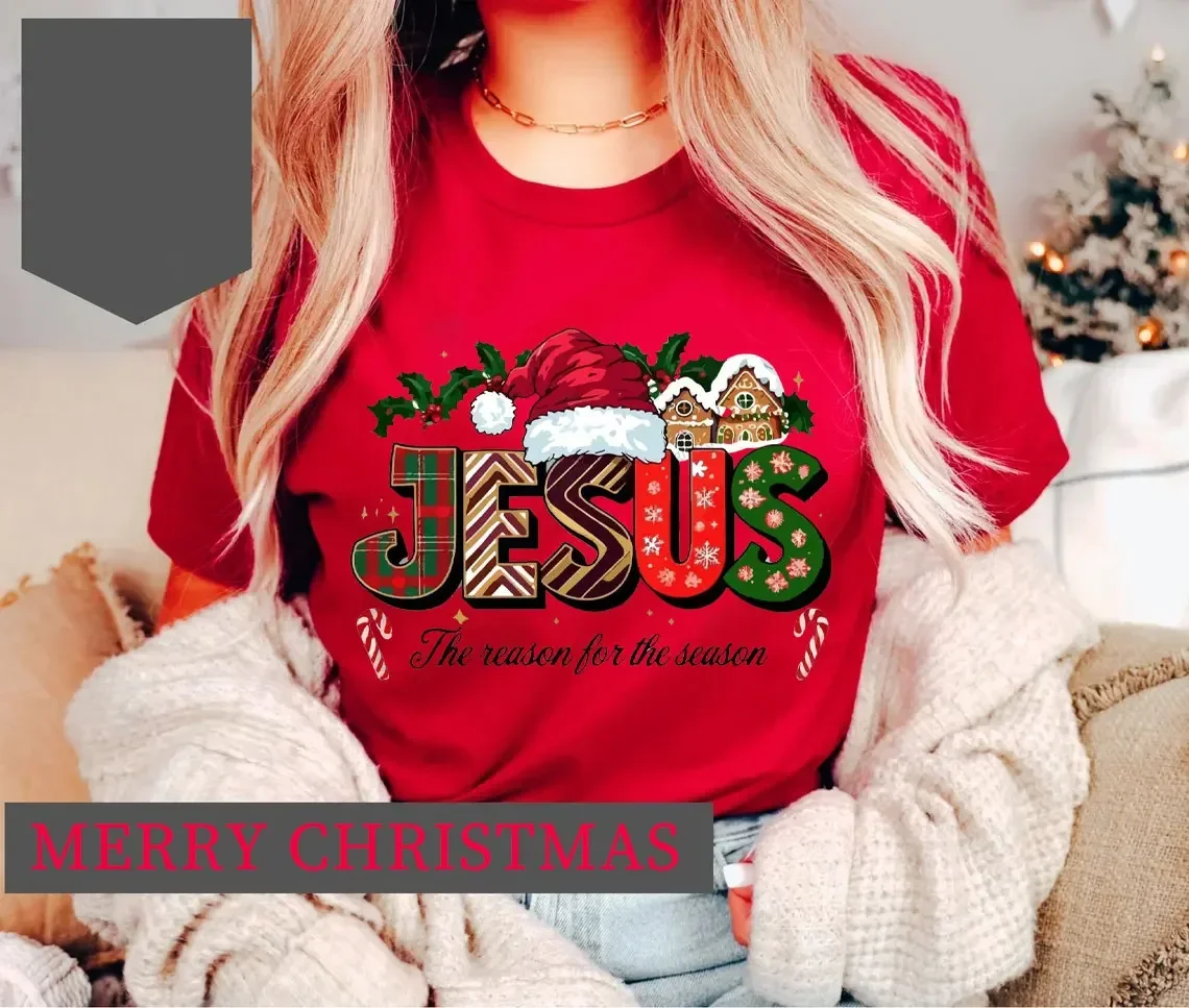 Jezus is God Vrouw Kerst Rood T-shirt Nieuwjaar Kerstmis Geheugen van Jezus Christus Hoge kwaliteit katoen bedrukt T-shirt Party Tops