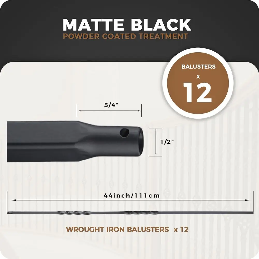 44-Inch Double Twist Metal Deck Balusters - 12 Pack Wrought Iron Railing Supports