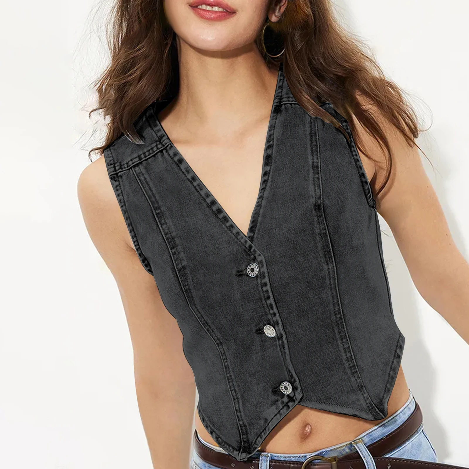 Women 2025 Denim Mini Vests Sleeveless V Neck Buttons Up Tank Solid Color Party Club Outwear Gilet for Casual Streetwear