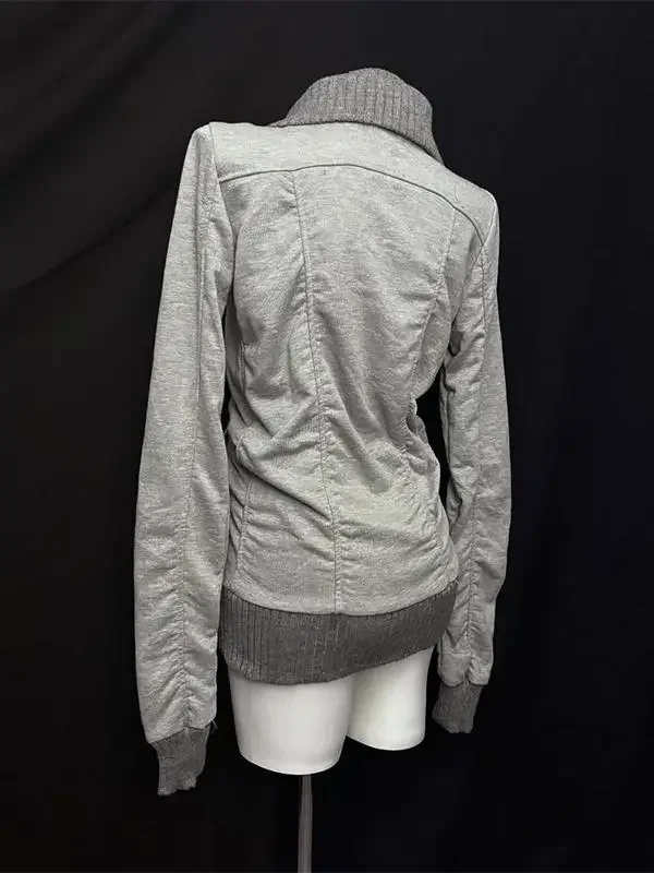 Sudadera con capucha estilo callejero americano Retro plisada con cuello alto y cremallera para mujer, sudadera gris de gran tamaño con puños acanalados, chaqueta estilo Y2K