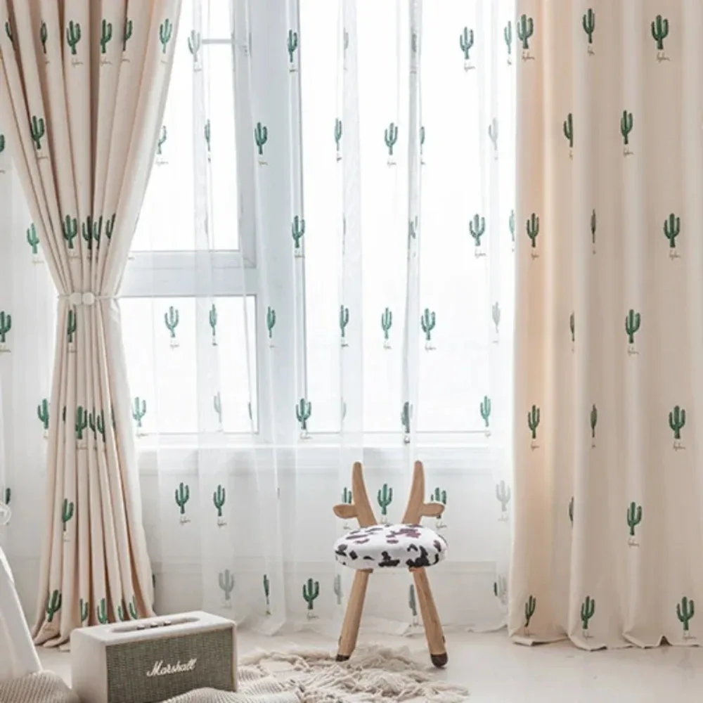 New Fresh Cartoon Embroidered Cactus Curtains for Children's Room Twill Woolen Thickened Semi Blackout Fabric Curtains