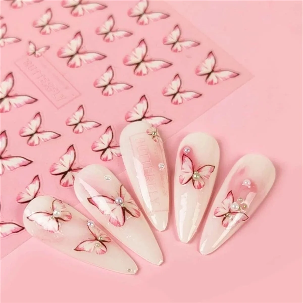 Adesivos de borboleta gradiente rosa e branco para nail art, estilo kawaii, transferência adesiva, decorações, decalques, diy, 1pcs, 5d