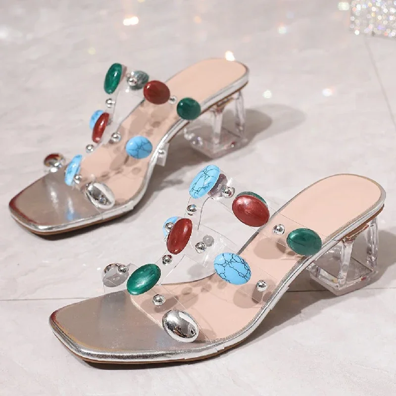 

Aneikeh/Модные женские шлепанцы на низком каблуке из ПВХ, прозрачные узкие полоски с открытым носком, вечерние модельные туфли с квадратным носком