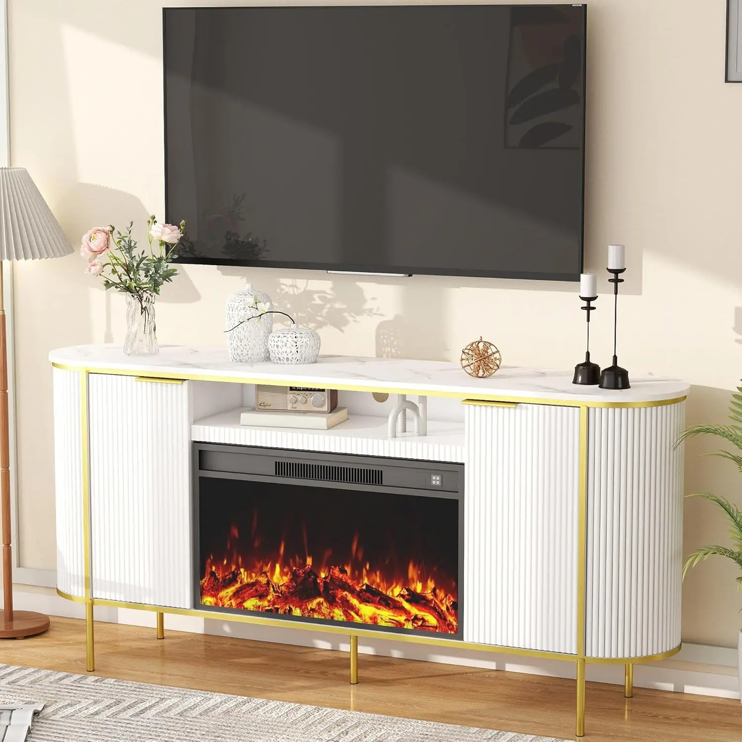 

Fluted Fireplace TV Stand: 70" White Entertainment Center with 30" Electric Fireplace, TV Console for 80 inch TVs,, Customized