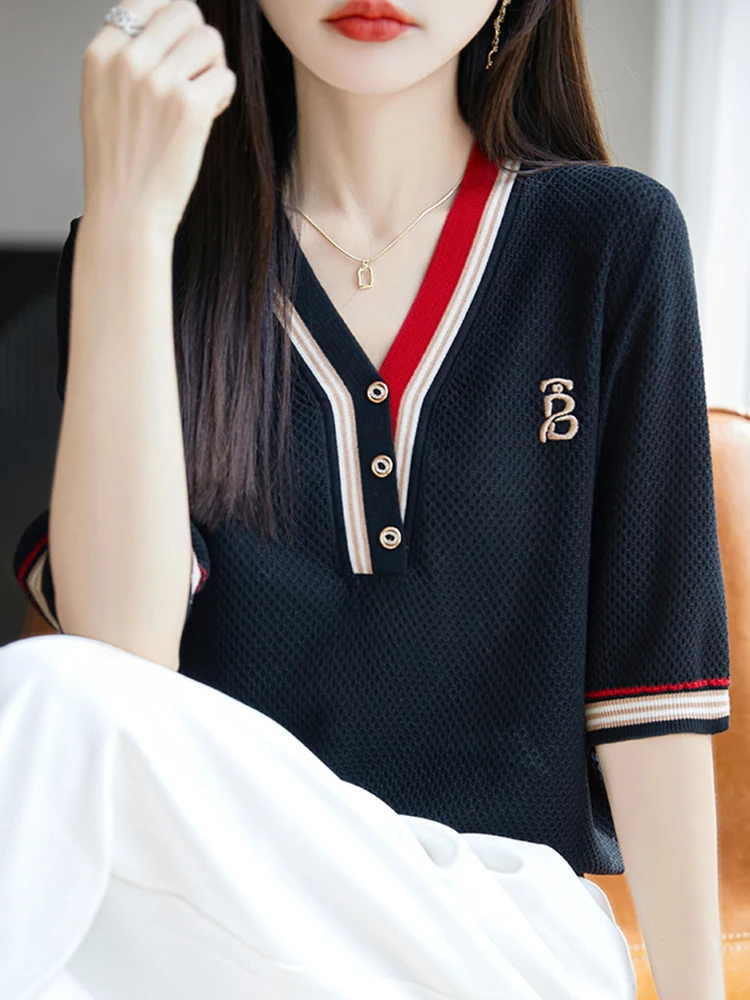 

V-Ne Ice Silk Knitted ort Sve T-irt Women's Summer Base irt Trendy plus Size Korean Sle Creative Pattern Thin