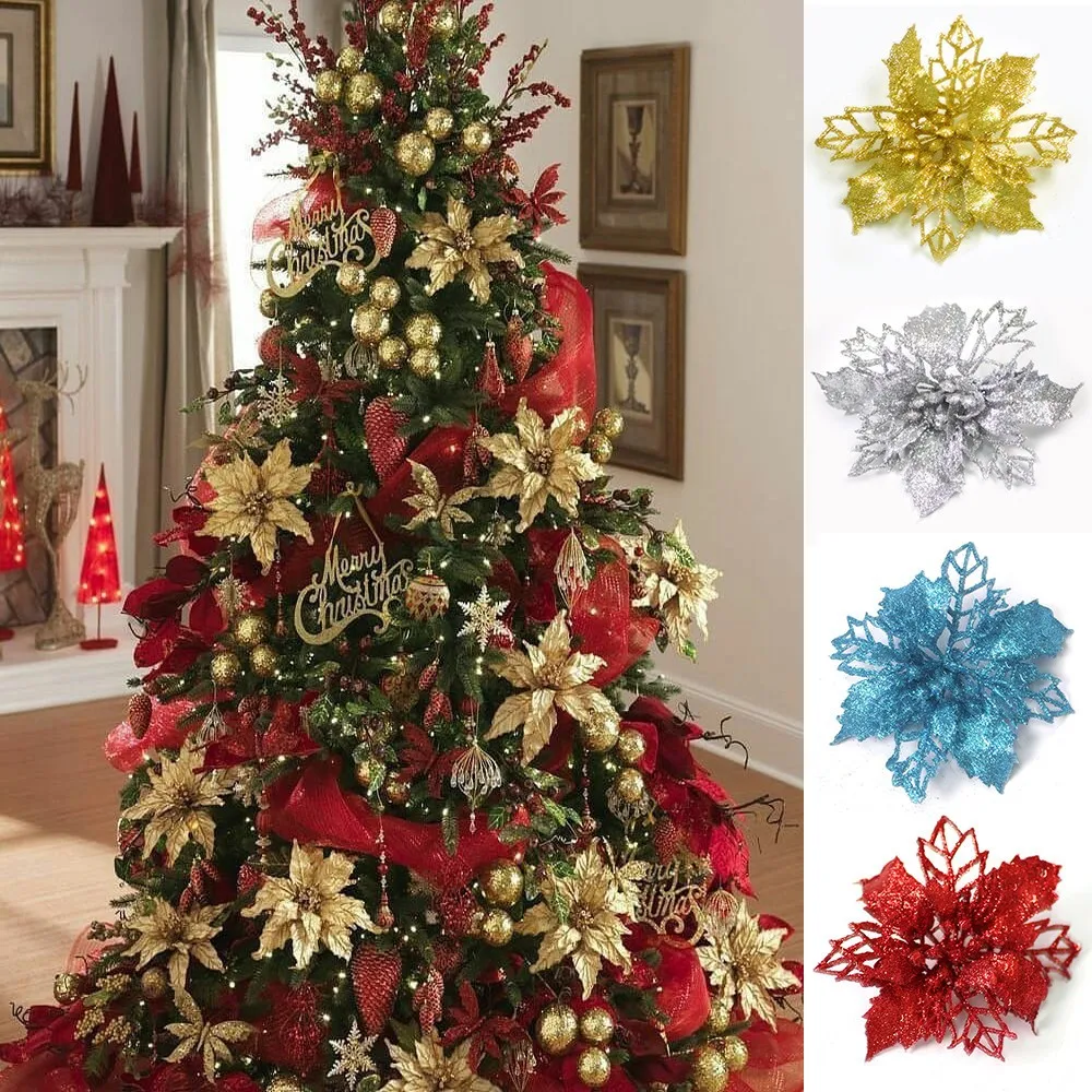 Christmas Glitter Artificial Flowers Christmas Tree Flower Hanging Ornaments Party Decoration Home New Year Decor