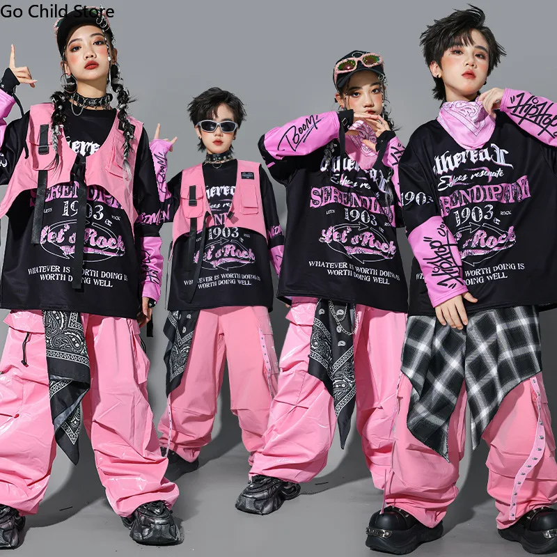 

Розовый топ с граффити в стиле хип-хоп для мальчиков, брюки-карго, джоггеры для девочек в стиле K-pop, джаз, уличные танцевальные брюки, комплект уличной одежды для детей, детский костюм