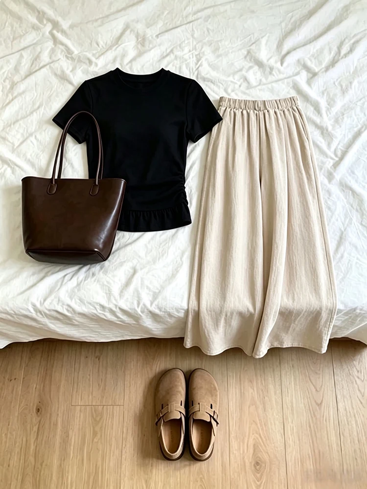 

Summer Commute Casual Women's Fashion Set High Waist Slimming Skirt Pants Short Sleeve round Neck T-Shirt Two-Piece Suit