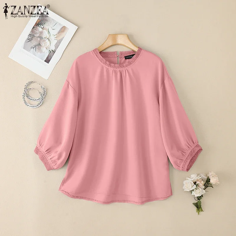 

ZANZEA офисная рабочая рубашка 2026 весна лето женская блузка повседневная с круглым вырезом 3/4 рукава топы женская кружевная лоскутная блузка Mujer туника