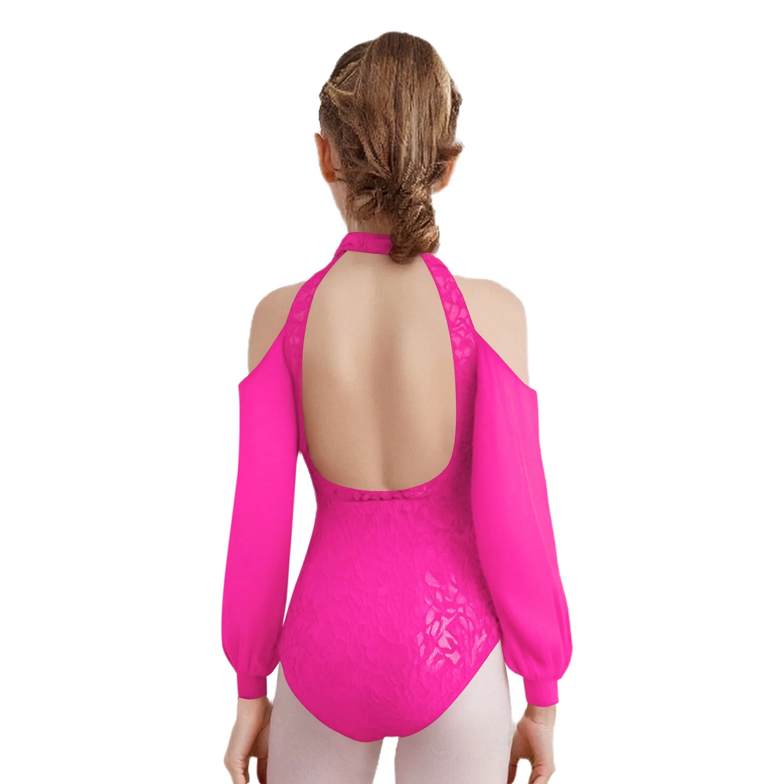 Ragazze Ginnastica Allenamento Balletto Body Pizzo Pattinaggio di Figura Costume Spalla Fredda Maglia Trasparente Maniche Lunghe Yoga Unitard Body