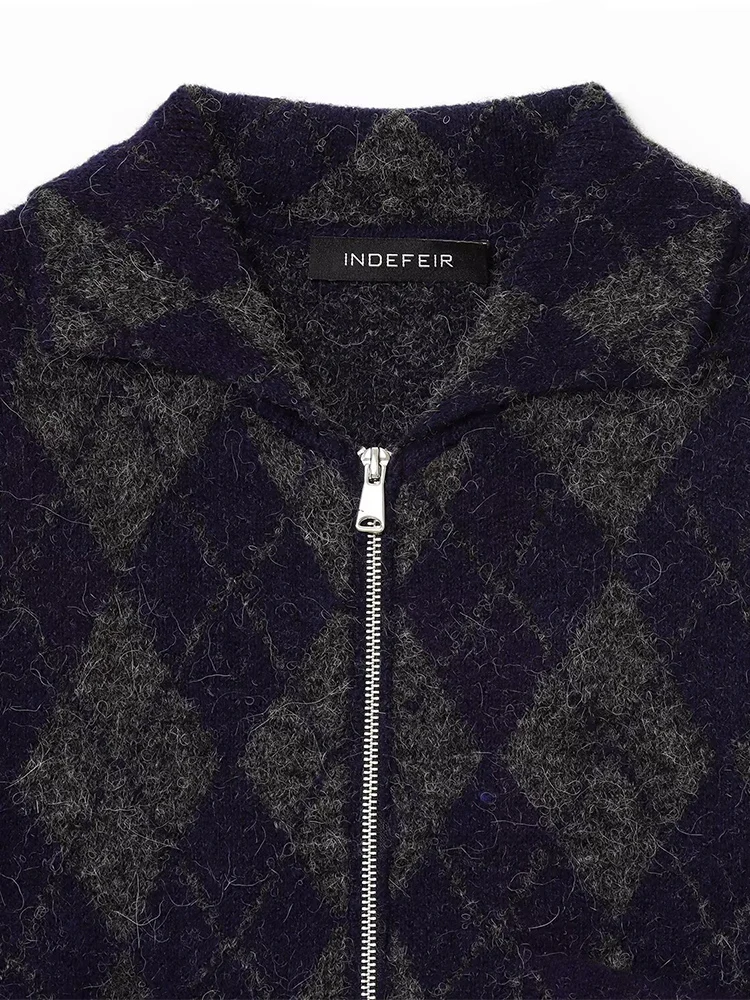 European style new women's fashionable and versatile elegant lapel long-sleeved diamond pattern knitted bomber jacket