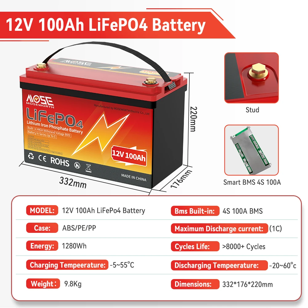 LiFePO4 12V 100Ah 200Ah 300A 12.8V Battery Pack 8000+ Cycles With BMS For RV Campers Boat Solar Off-Road Off-grid 12V Battery EU