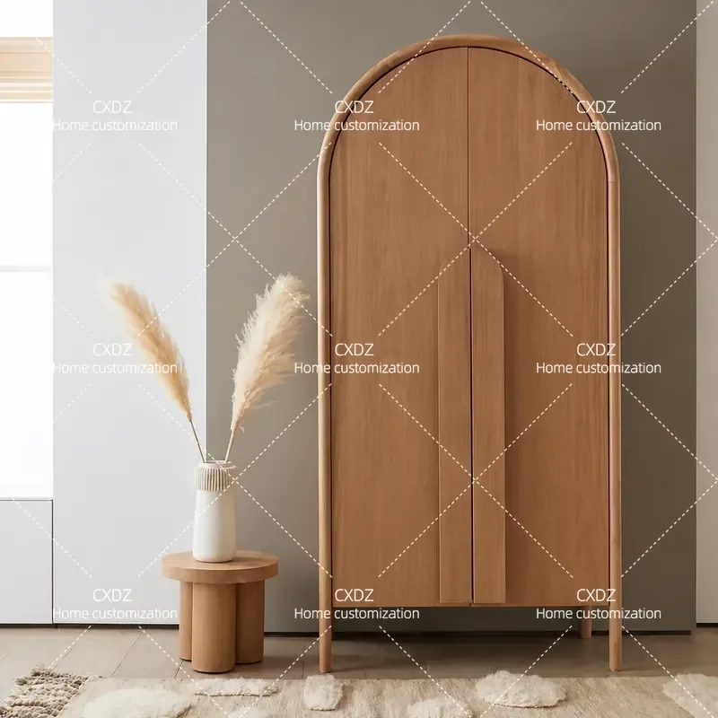 Nordic Simple Solid Wood Double Door Wardrobe Modern Arched Design Log Color Locker for Bedroom Storage Furniture