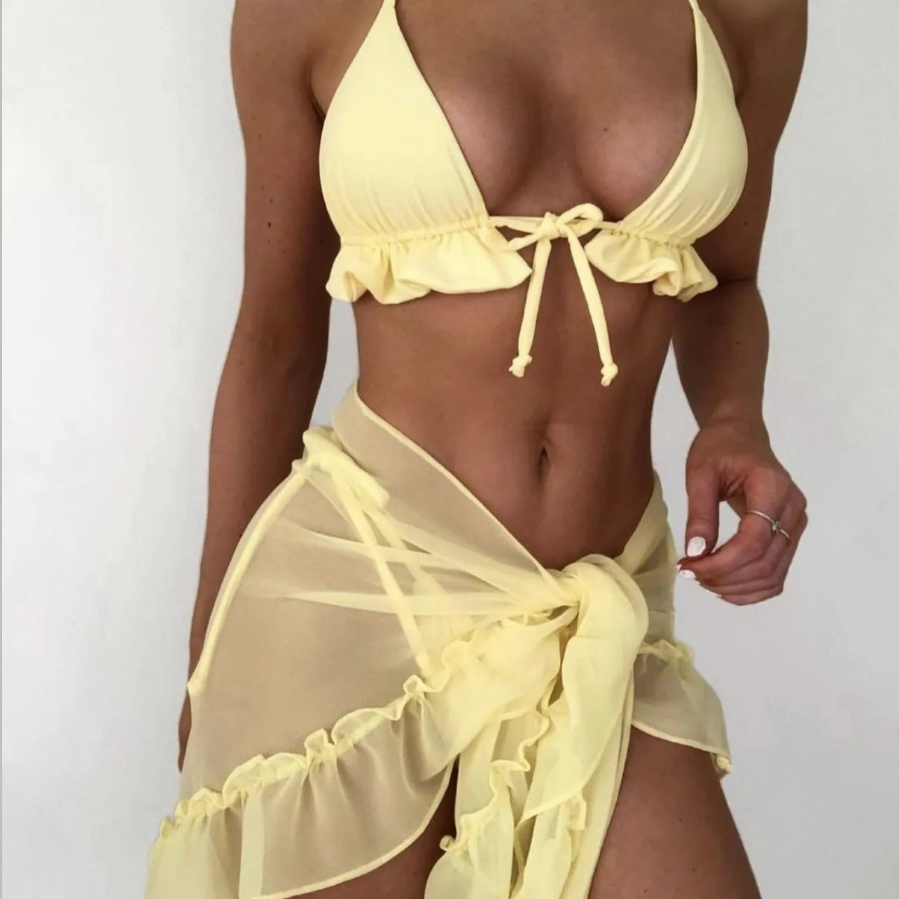 

2025 Summer Halter Bikini 3 Pieces Women Sexy Thong Swimwear With Sarong Skirt Solid White/Black/Pink/Green Beachwear