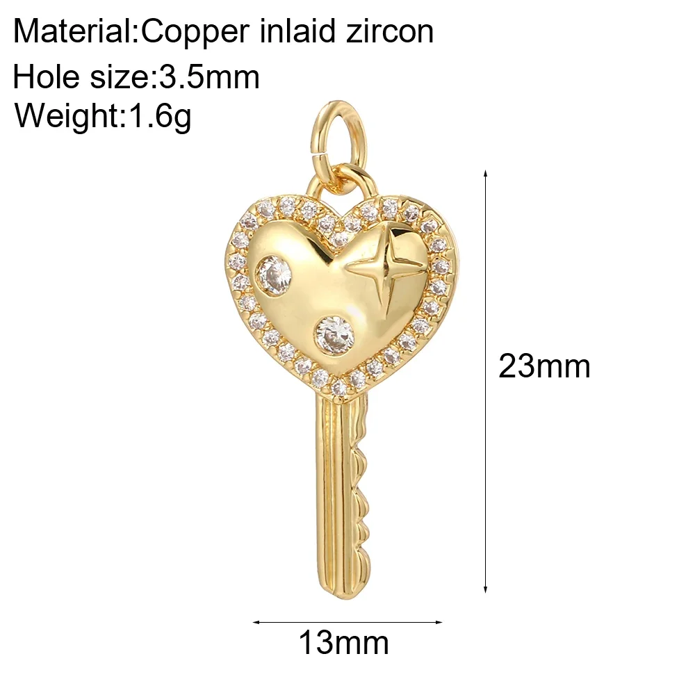 Cute Heart Key Lock Charms for Jewelry Making Supplies Accessories Diy Necklace Bracelet Jewelry Charm Copper CZ Zircon Pendant