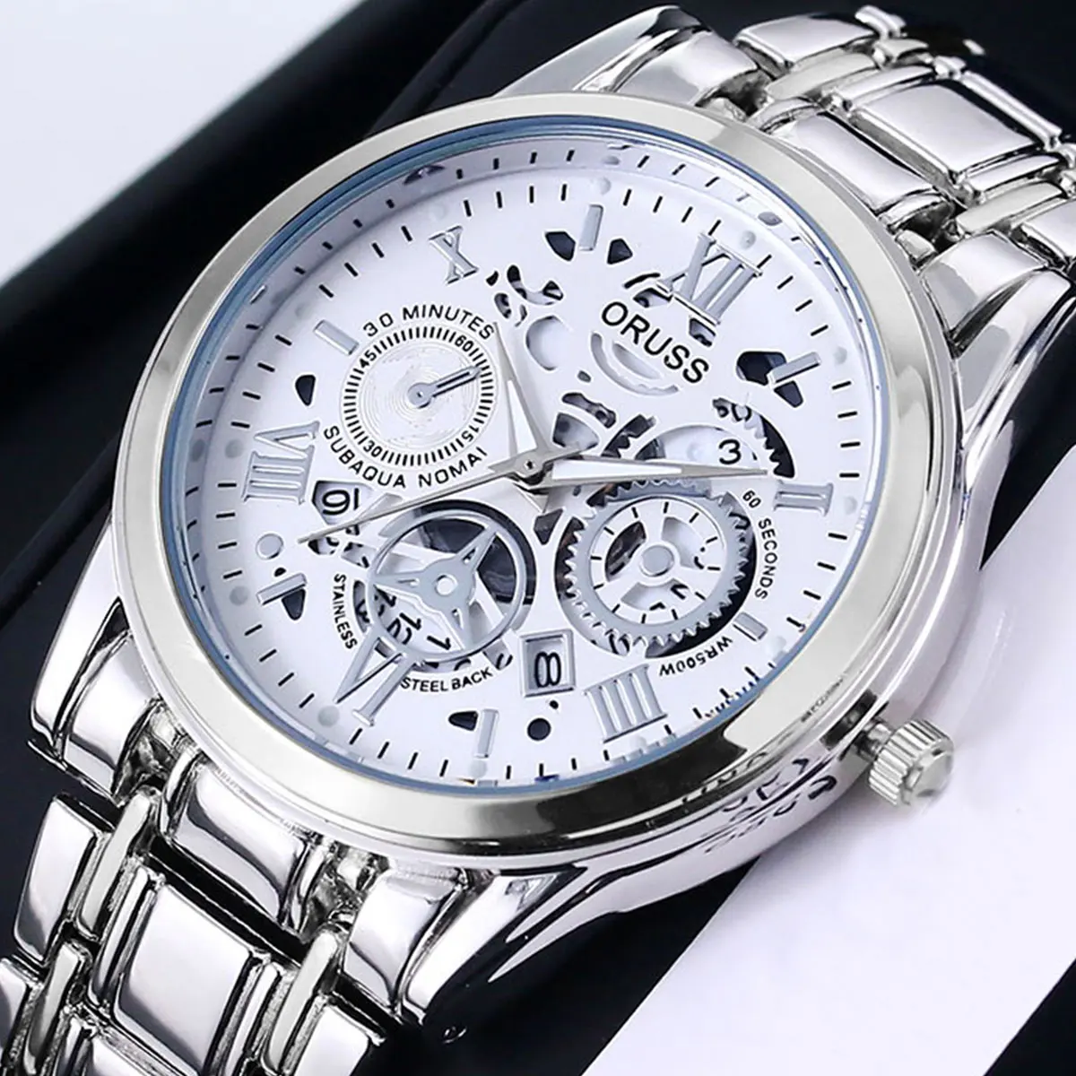 ORUSS Luxury Business Men's Quartz Watch Calendar Window Hollow Dial Waterproof Stainless Steel Strap High-Quality Men's Watch