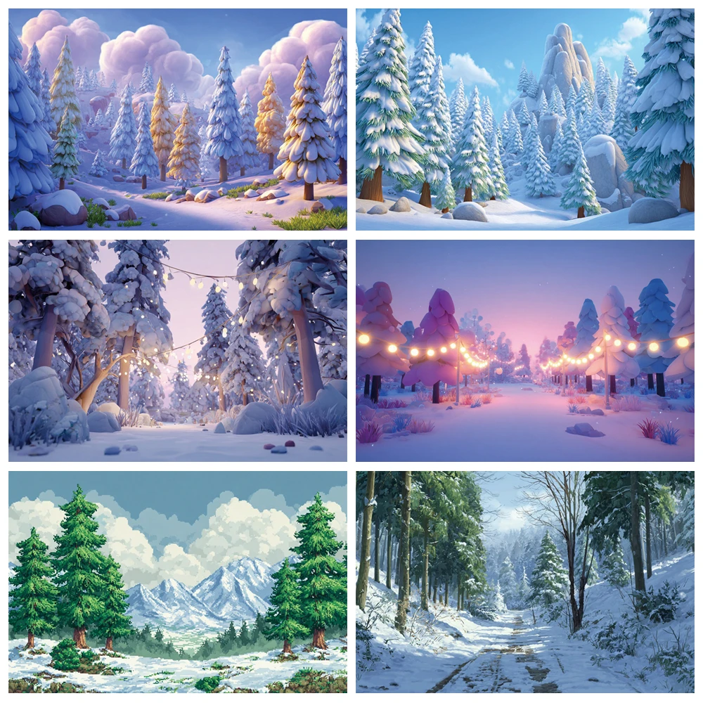 

MOON.QG Cartoon Winter Forest Backgrounds For Photographs Christmas String Lights Path Backdrop Child Wallpaper Accessories Wall