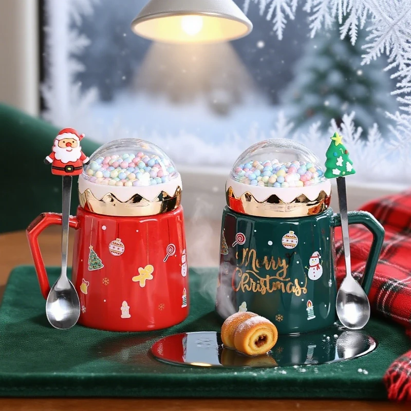Christmas Ceramic Mug with Lid and Santa Claus Snowman Spoon Creative Planet Lid Coffee Cup Milk Cup Home Drinkware Xmas Gifts