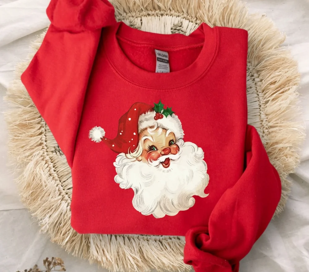 

Retro Christmas Santa Sweatshirt Gift, Vintage Santa Long Sleeve Shirt Holiday Clothing Women Christmas Sweatshirt for Woman