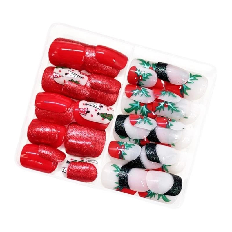 L8RD 48 Pcs Christmas Artificial Nails Lovely Cherries False Nails Press On Nails