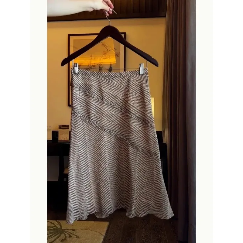 Women Summer High Waist Herringbone Print Chiffon Mermaid Midi Skirt Elegant Casual Bottoms