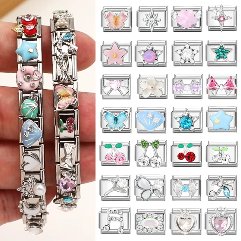 Bright Zircon Multielement Stars Shell ButterflyItalian Charm Links Fit 9mm Stainless Steel Bracelet Women Jewelry DIY Making