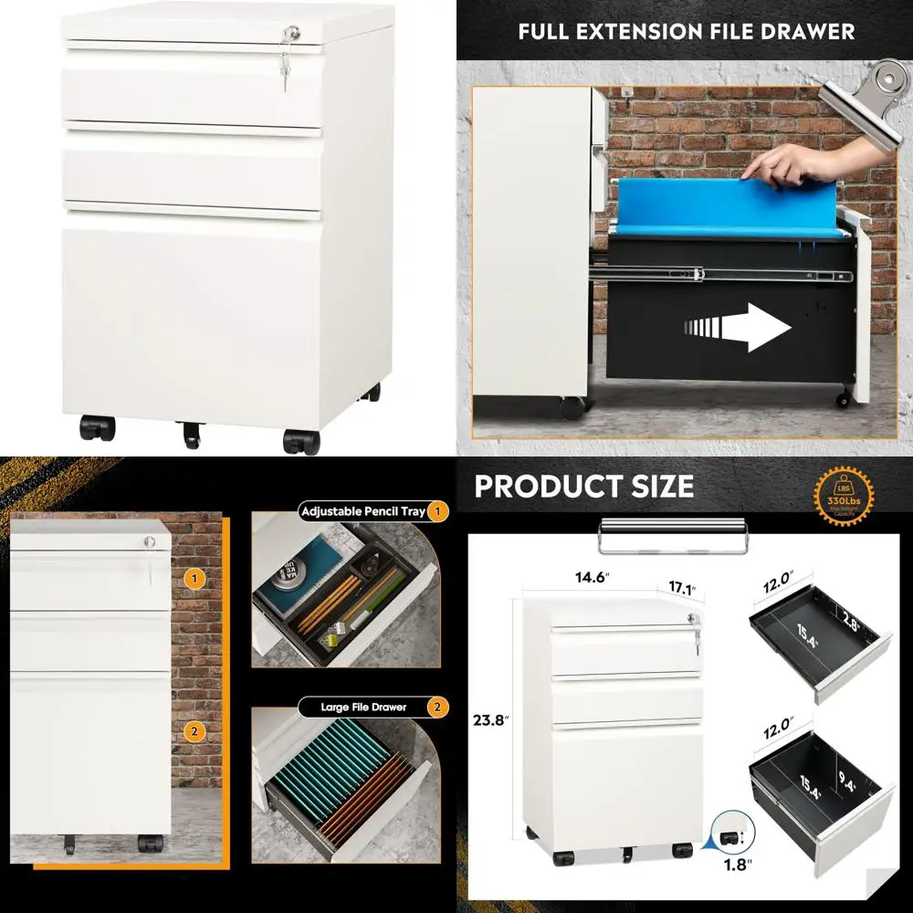 

3-Drawer Mobile File Cabinet for Under Desk, Assembled Minus Casters, Suitable for Letter/Standard Files, White