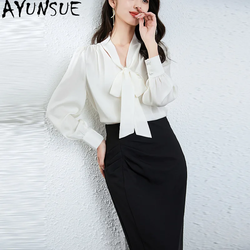 

AYUNSUE Mulberry Silk Women's Blouses and Shirts Luxury French V-neck Tops for Woman Spring Elegant Blouse Woman Clothes Camisas