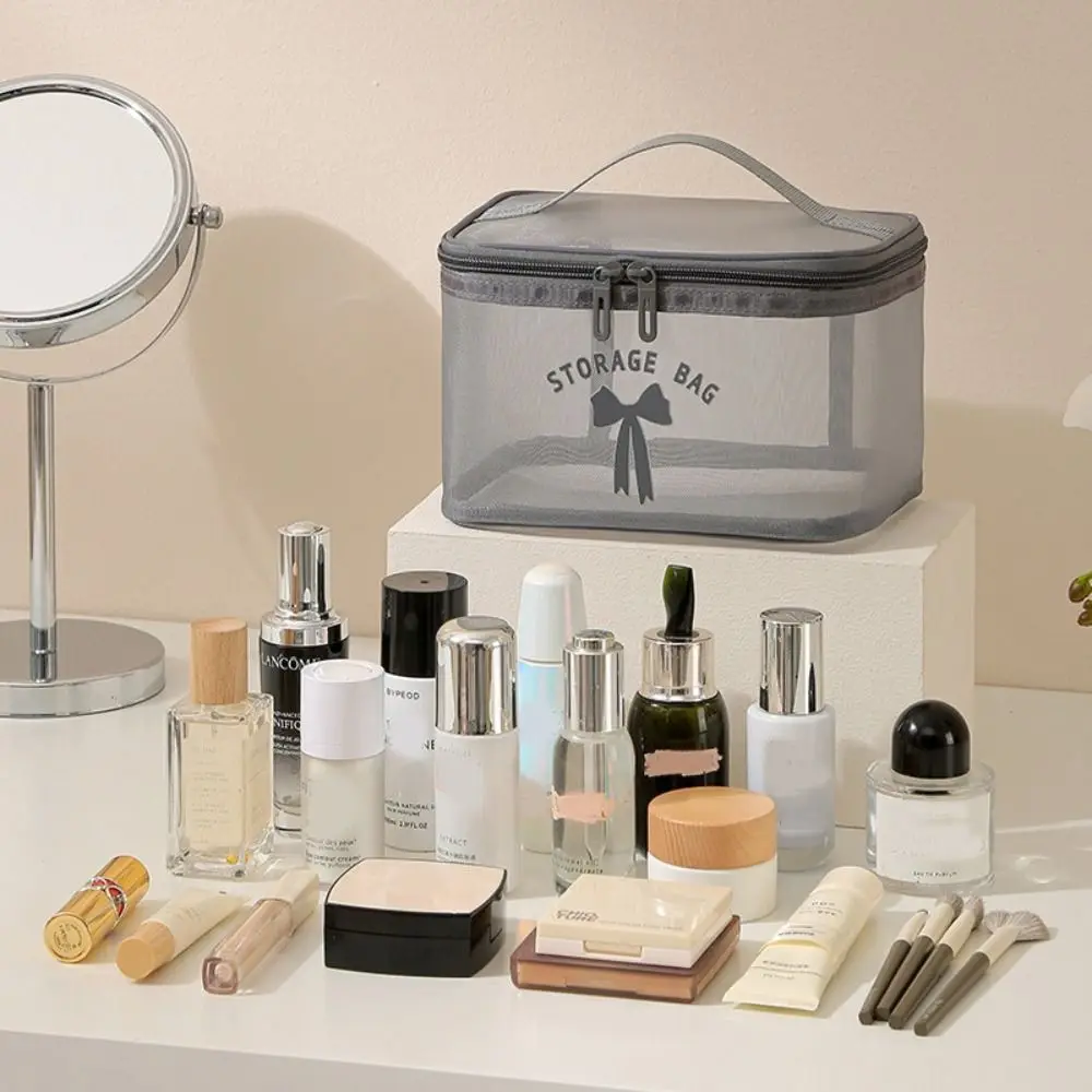 

Casual Transparent Mesh Cosmetic Bag Large Capacity Hand-held Toiletry Bag Breathable Washable Make Up Organizer Bag Women